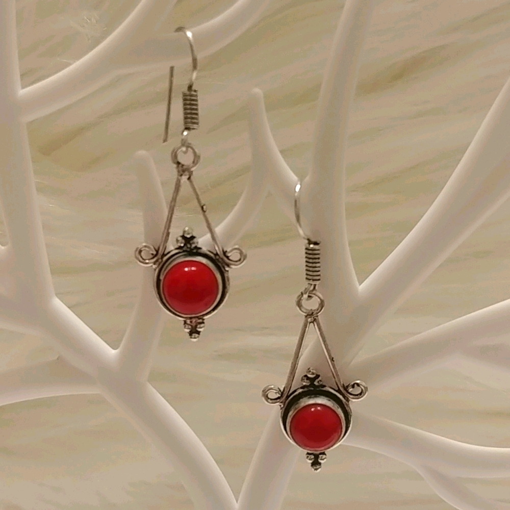 GORGEOUS Coral 925 Silver Plated Dangle Earrings
